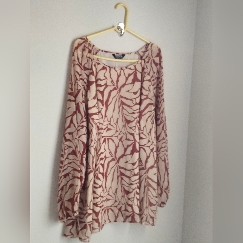 BloomChic Blouse Women 26 Red/Brown & Cream Long Sleeve Office Dinner Versatile